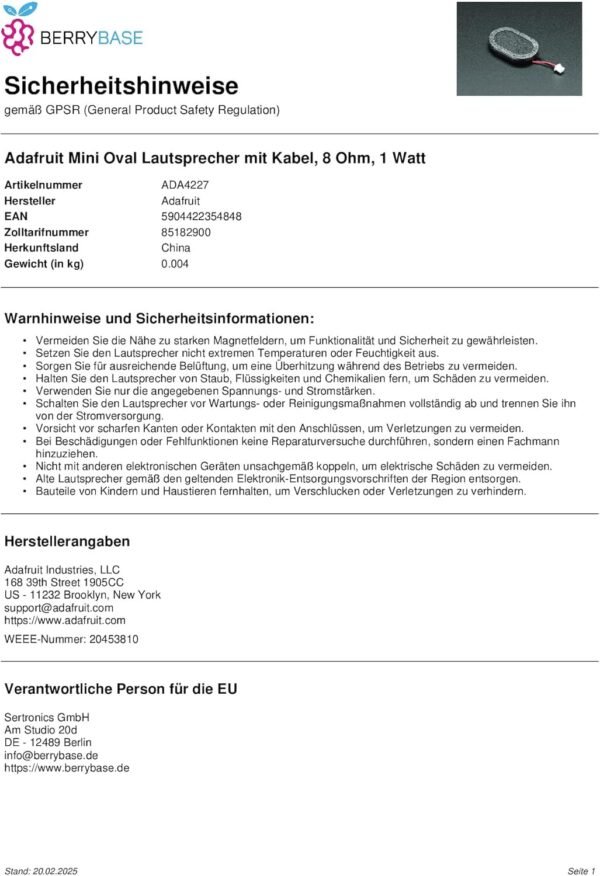 Adafruit 4227 Mini-Lautsprecher kompakt und kraftvoll für DIY Audio-Projekte