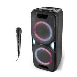 MEDION P61468 Party Sound System (Party Speaker with Microphone, Karaoke, Battery, FM Radio, Bluetooth 5.0, Compact System, 2 x 220 Watt, Coloured LED, USB, AUX, 2 x Microphone...