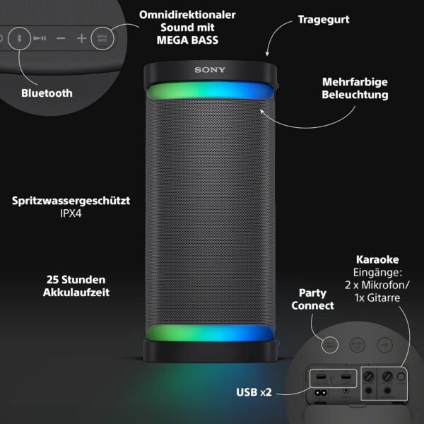 Sony SRSXP700B kraftvoller Bluetooth Lautsprecher mit 25 Stunden Akkulaufzeit und Partylicht