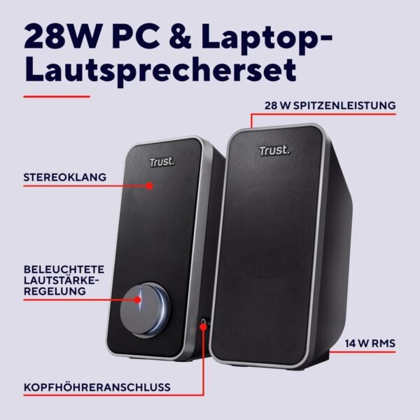 Trust Arys 2.0 PC Lautsprecher Set kraftvoller Sound mit einfachem Plug and Play